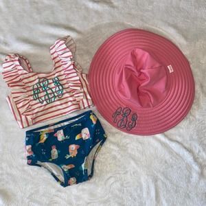 Toddler Girls Pink and Blue RuffleButts Bikini with Hat size 2T